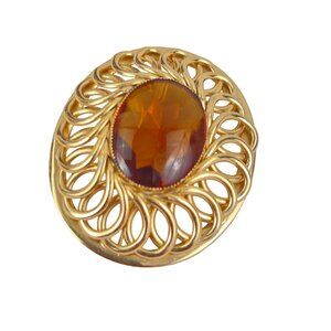 Napier Vintage GoldT one Brooch With Amber Gemstone Intricate Filigree Design Ov